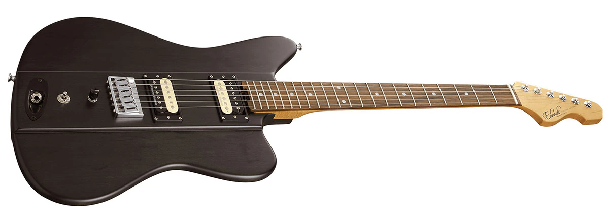 Black electric guitar shown from the front on a white background