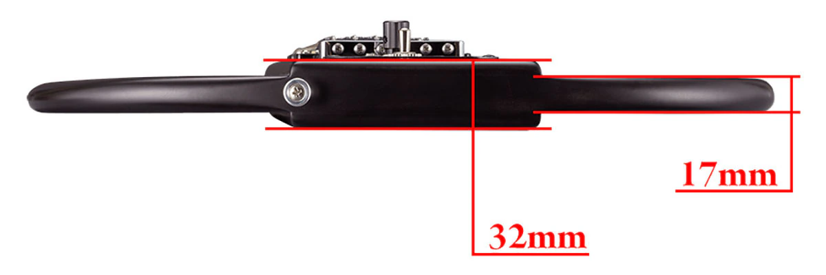 Side profile of a thin black electric guitar body with 17mm and 32mm measurements